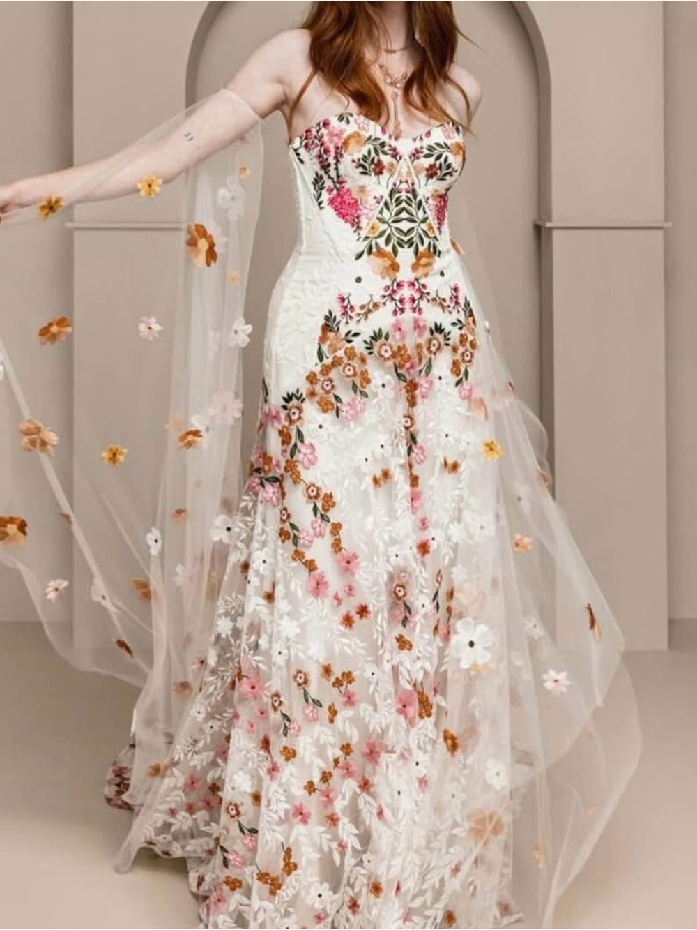 Floral Embroidered White Maxi Dress with Pink & Orange Accents